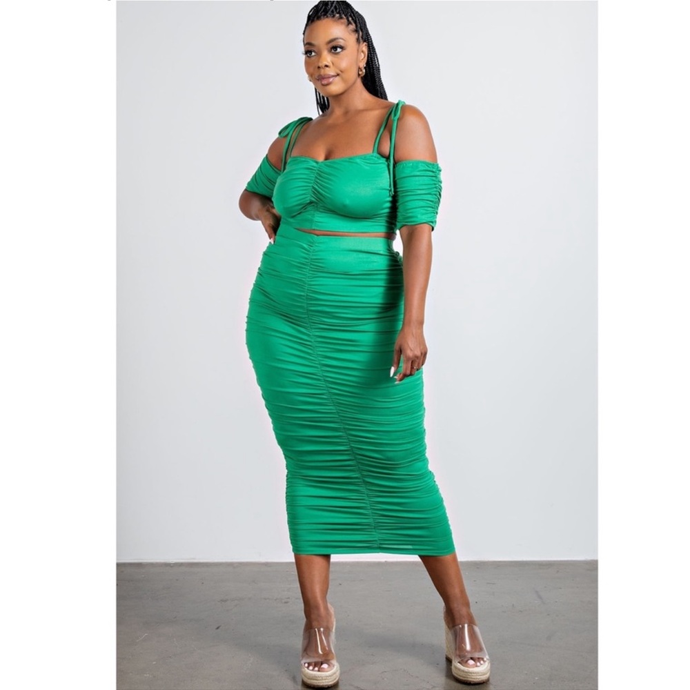 Green Ruched Midi Skirt